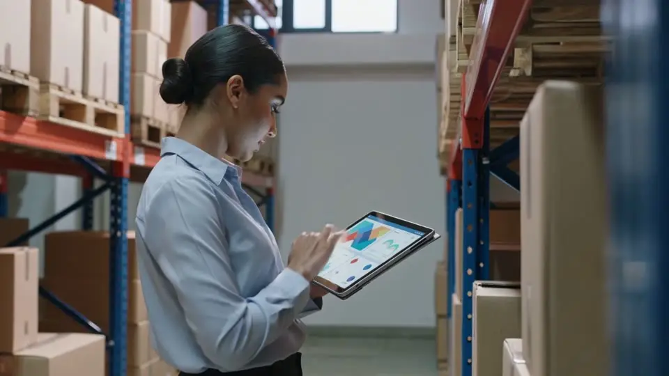 Planner met tablet in een magazijn