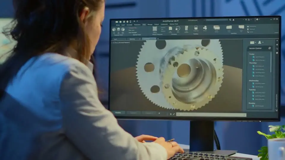 Ontwerper met een 3D-model op het scherm